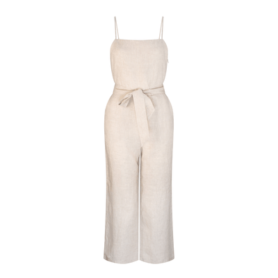 Lilly Pilly Collection organic linen Chloee Jumpsuit in Oatmeal. View from front of 3D model