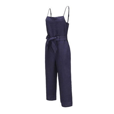 Lilly Pilly Collection 100% organic linen Chloe Jumpsuit in Denim Blue as 3D image showing side view