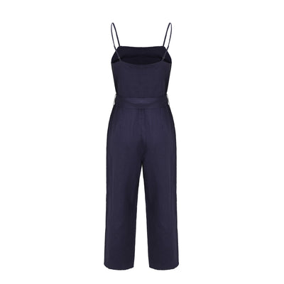 Lilly Pilly Collection 100% organic linen Chloe Jumpsuit in Denim Blue as 3D image showing back view