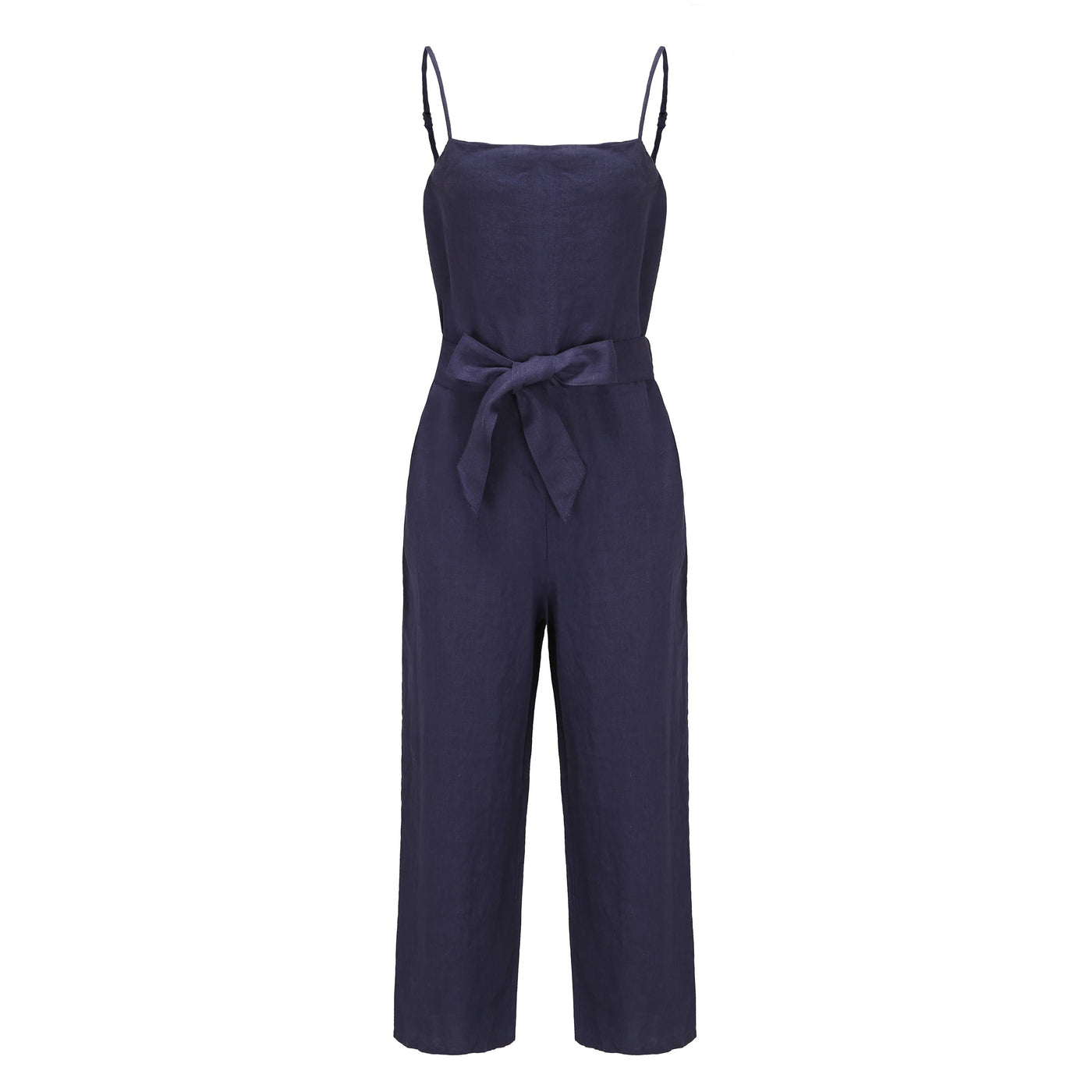 Lilly Pilly Collection 100% organic linen Chloe Jumpsuit in Denim Blue as 3D image showing front view