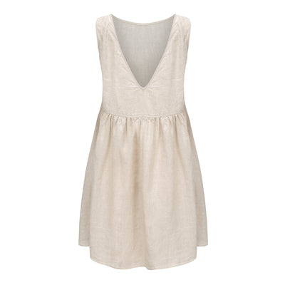 Lilly Pilly Collection 100% organic linen Harper Dress in Oatmeal as 3D image showing back view