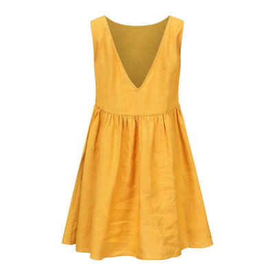Lilly Pilly Collection 100% organic linen Harper Dress in Sunflower as 3D image showing back view