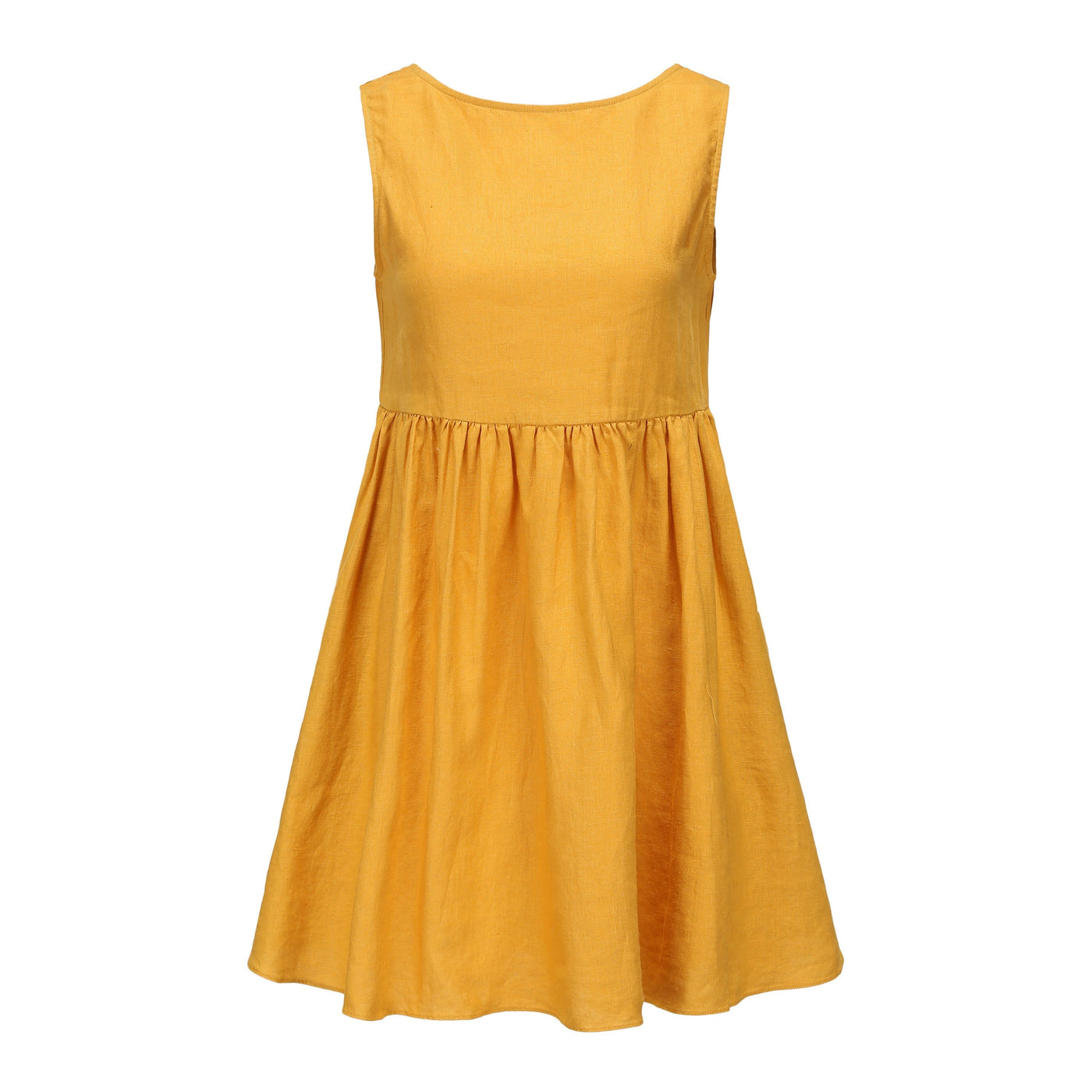 Lilly Pilly Collection 100% organic linen Harper Dress in Sunflower as 3D image showing front view