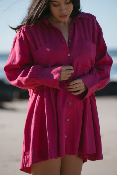 Lilly Pilly Collection 100% organic linen Isabella Shirt Dress in Fuchsia