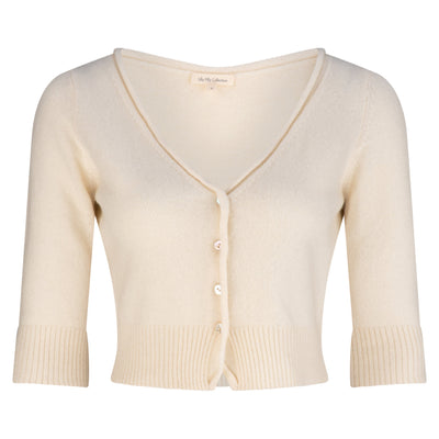 Lilly Pilly Collection recycled Cashmere cardigan top in Ivory.3D model showing front view.