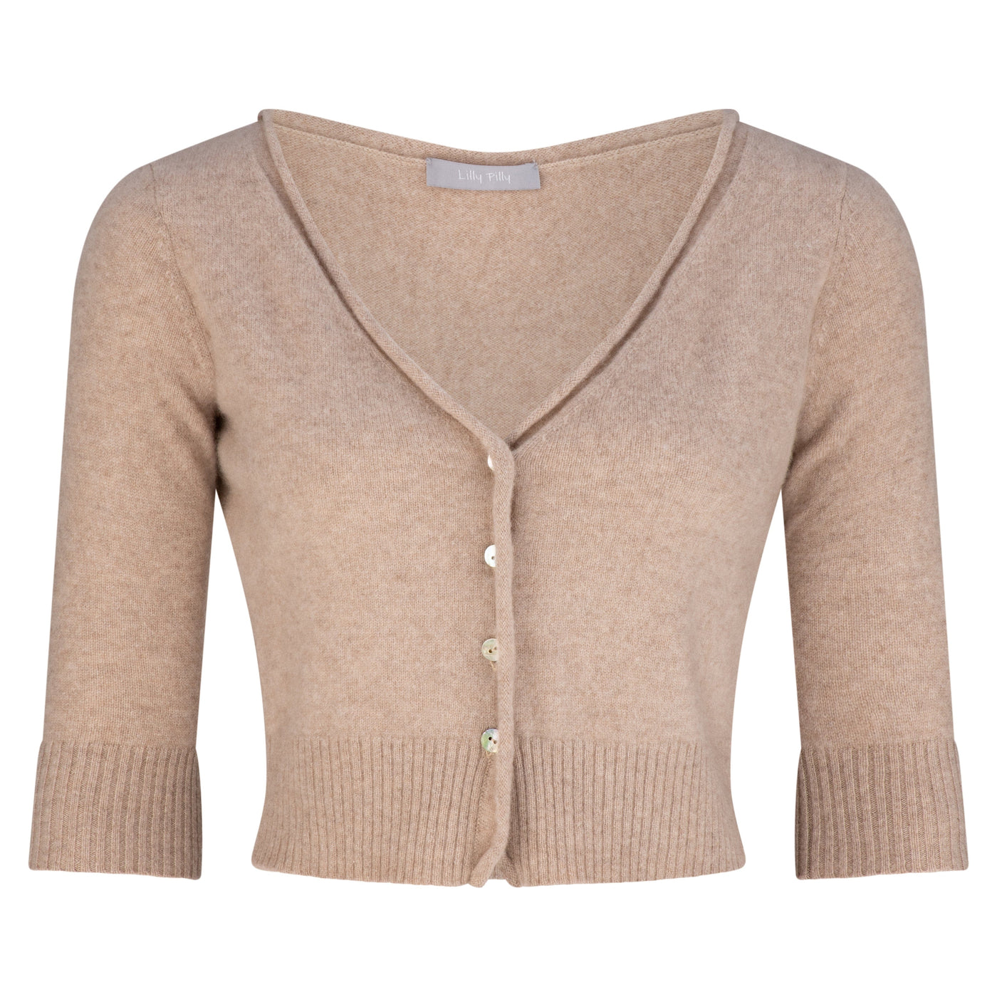 Lilly Pilly Collection recycled Cashmere cardigan top in Oatmeal. 3D model showing front view.