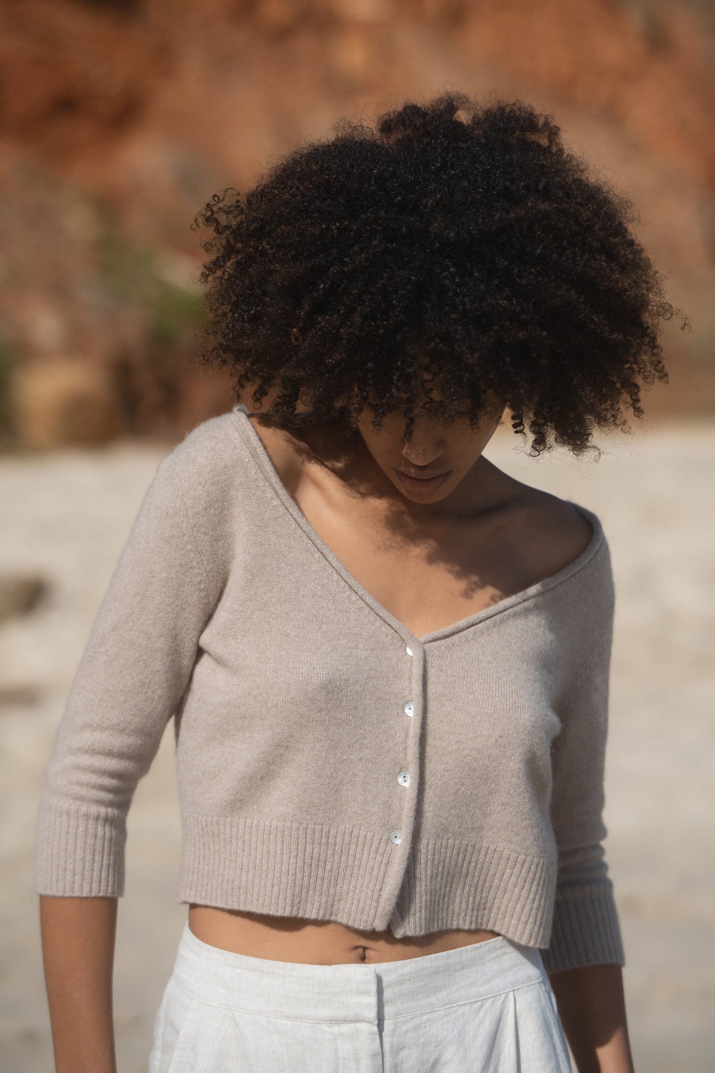 Lilly Pilly Collection recycled Cashmere cardigan top in Oatmeal