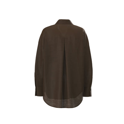 Lilly Pilly Collection Kirra shirt made from 100% Organic linen in Chocolate, as 3D model showing back view