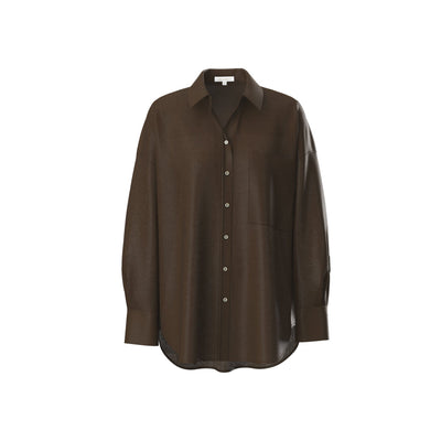 Lilly Pilly Collection Kirra shirt made from 100% Organic linen in Chocolate, as 3D model showing front view