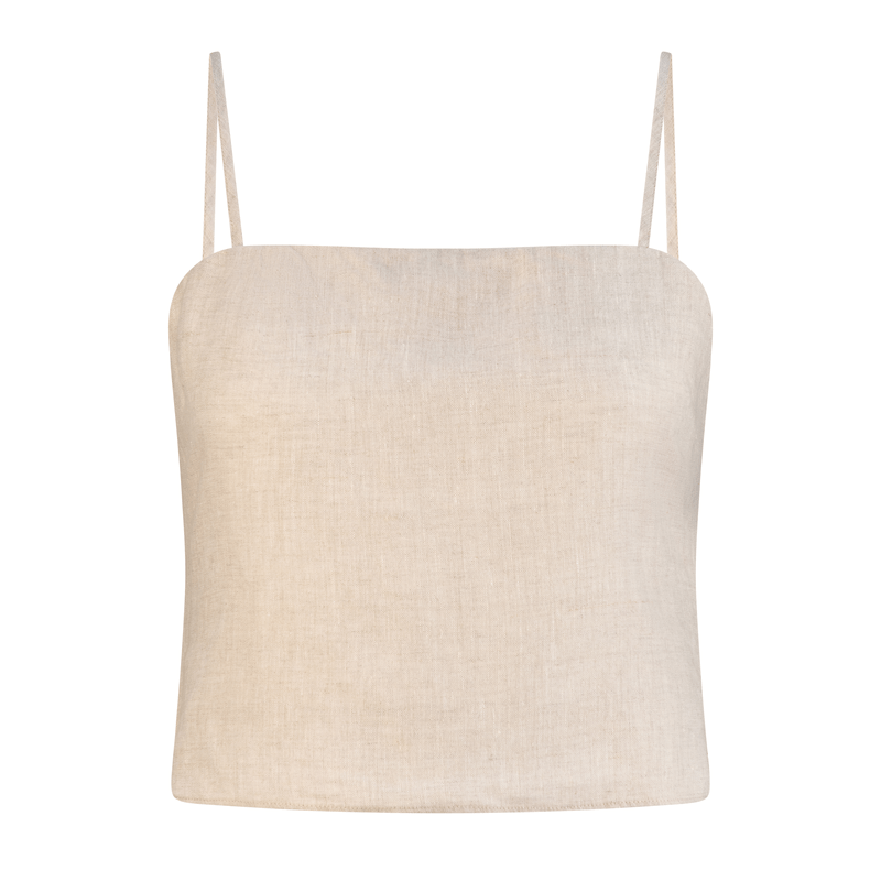 Lilly Pilly Collection 100% organic linen Lila Cami in Oatmeal, as 3D image showing front view