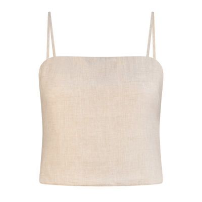 Lilly Pilly Collection 100% organic linen Lila Cami in Oatmeal, as 3D image showing front view
