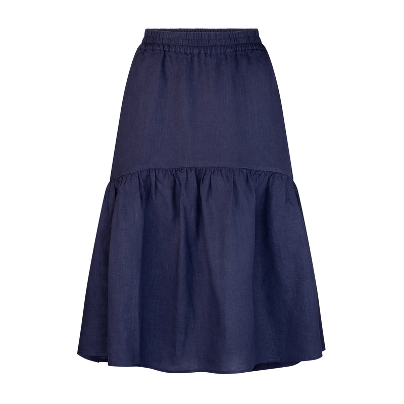 Lilly Pilly Collection 100% organic linen Lola Skirt in Denim Blue, as 3D image showing front view