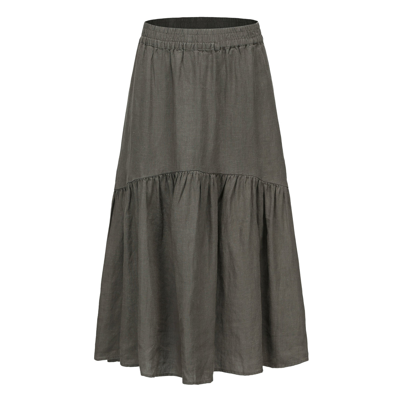 Lilly Pilly Collection 100% organic linen Lola Skirt in Khaki as 3D image showing front view
