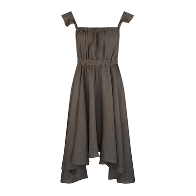 Lilly Pilly Collection organic linen Mia Dress in Khaki. View from front of 3D model