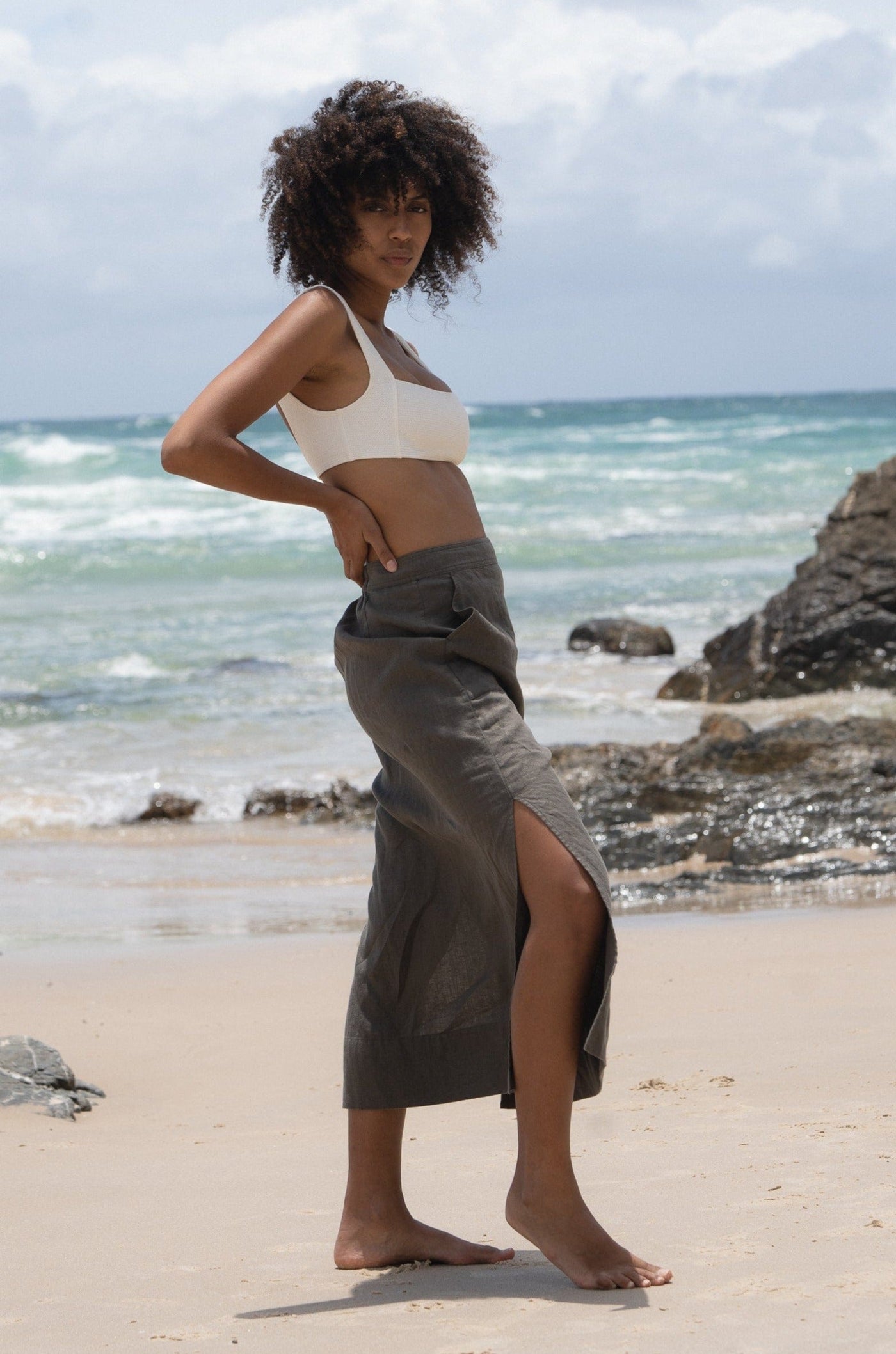 Lilly Pilly Collection Nadi skirt made from 100% Organic linen in Khaki