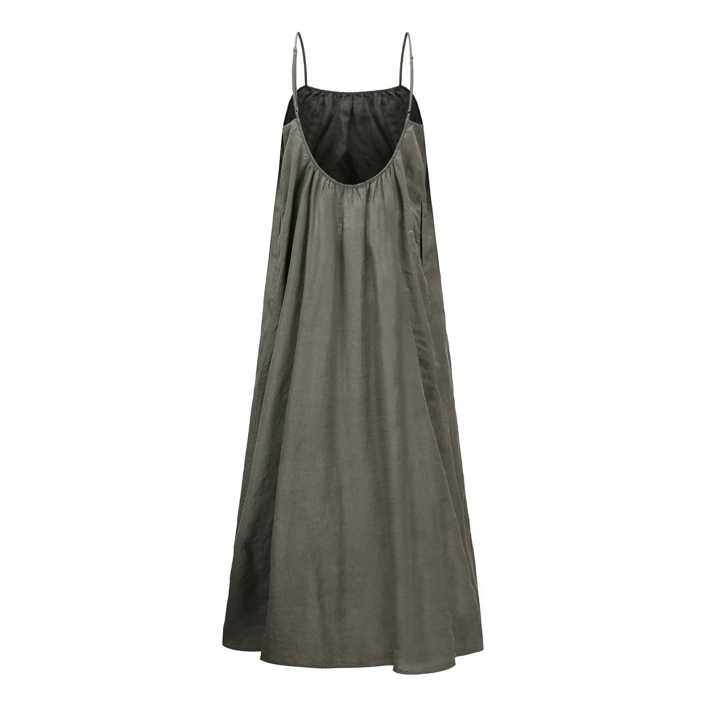 Lilly Pilly Collection 100% organic linen Olive Dress in Khaki as 3D image showing back view