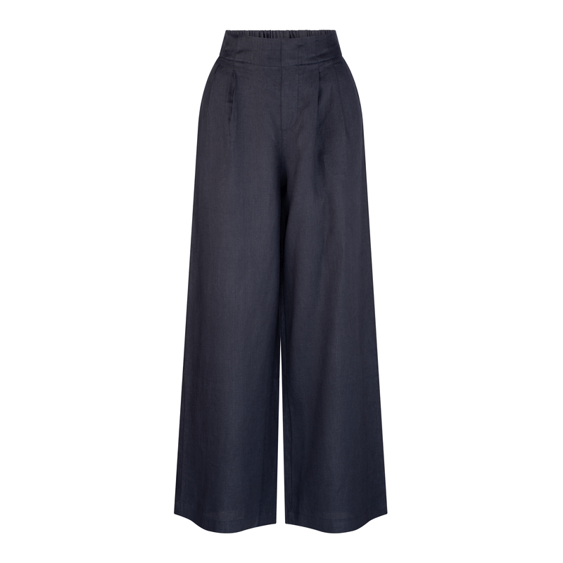 Lilly Pilly Collection organic linen Olivia Pants in Navy. View from front of 3D model