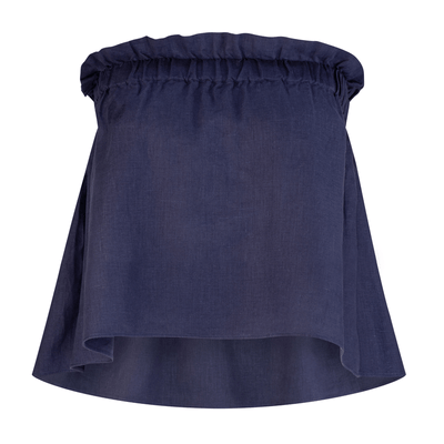 Lilly Pilly Collection 100% organic linen Pippa Top in Denim Blue, as 3D image showing front view