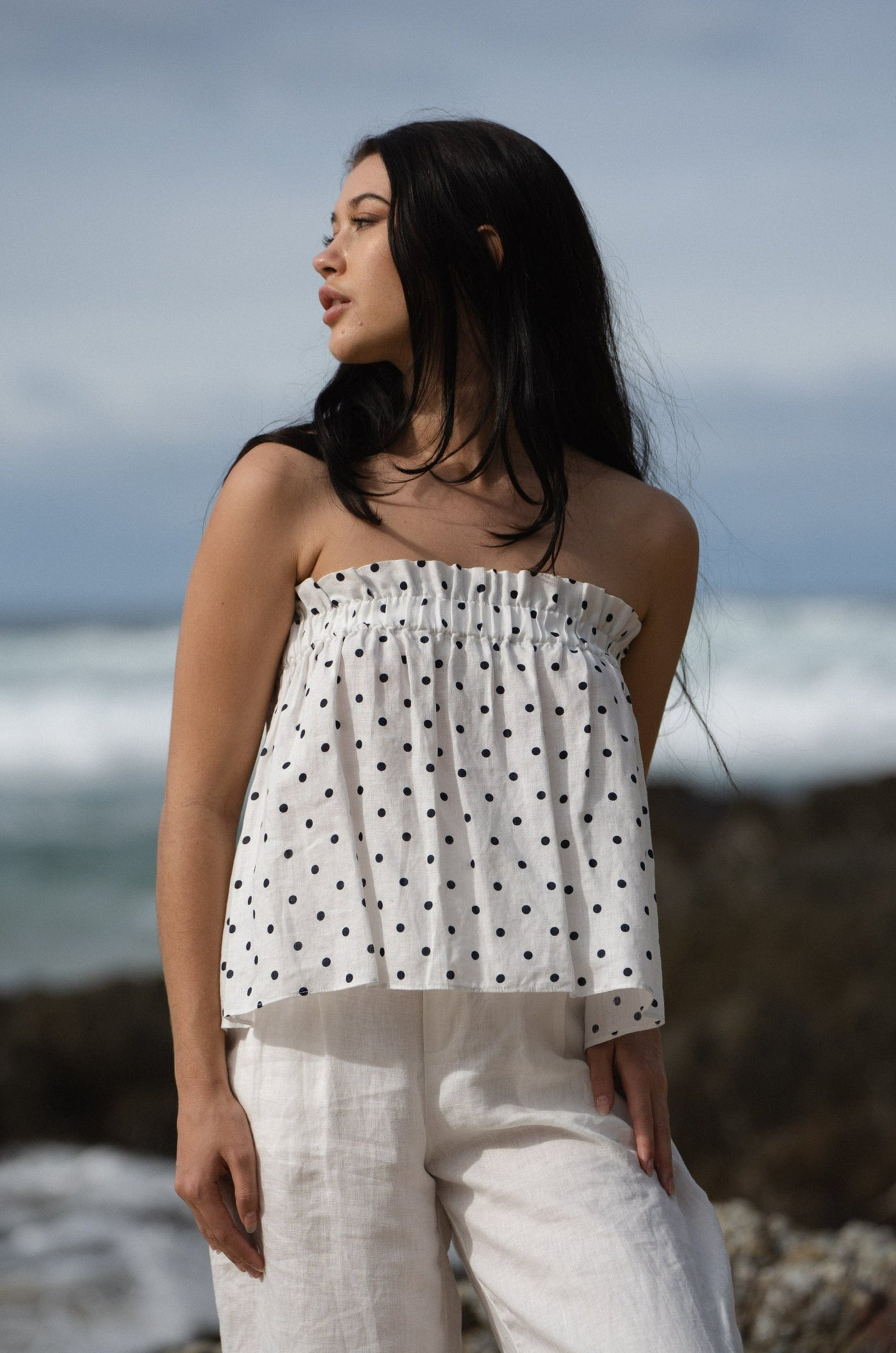Lilly Pilly Collection 100% organic linen Pippa Top in Polka Dot