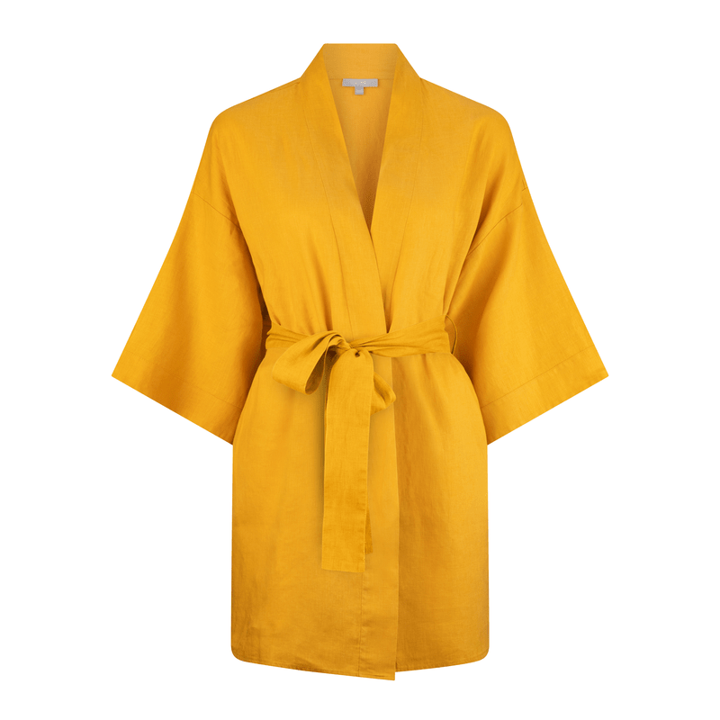 Lilly Pilly Collection organic linen Summer Kimono in Sunflower. View from front of 3D model