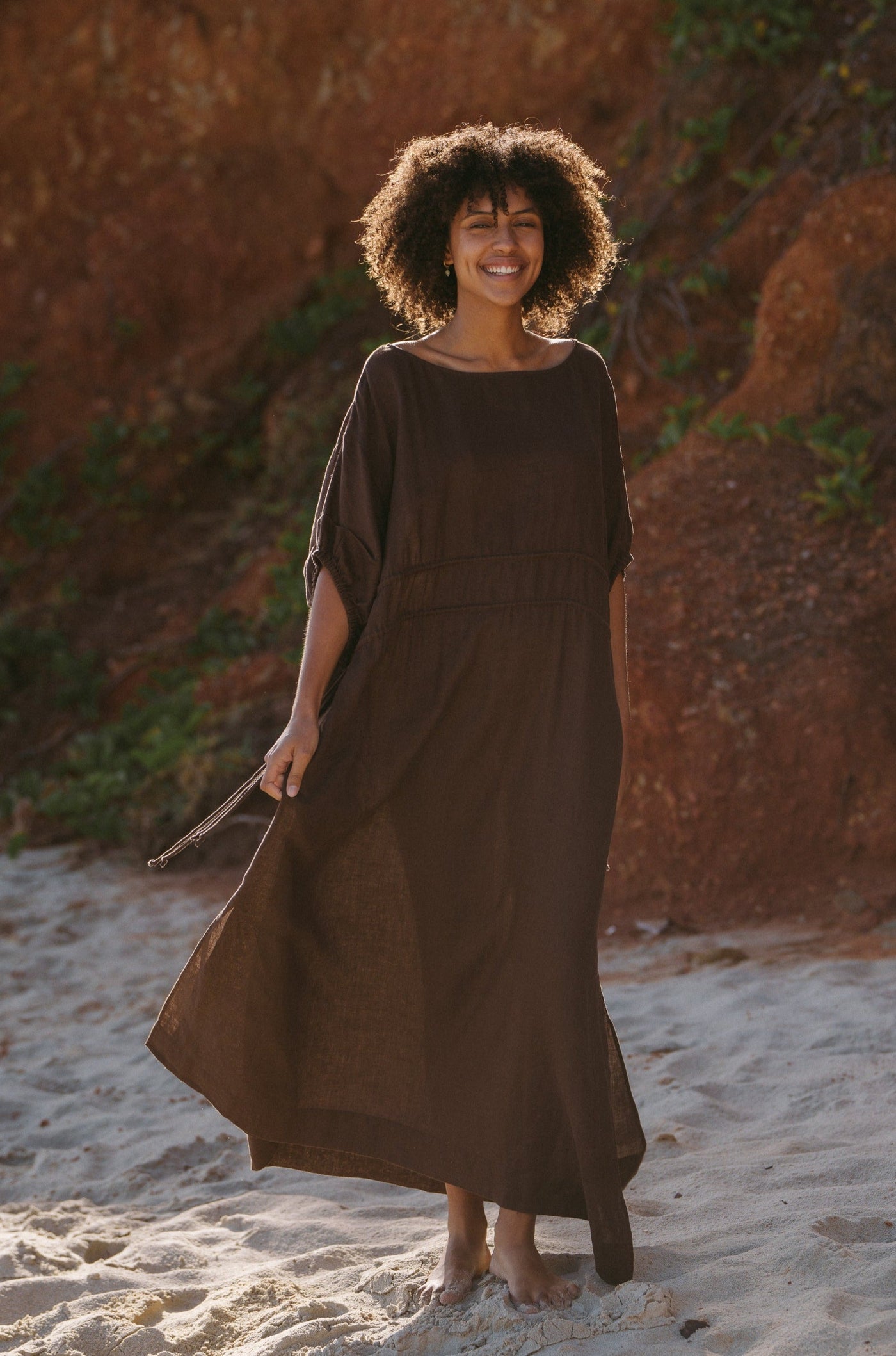 Lilly Pilly Collection Valerie dress made from 100% Organic linen in Chocolate