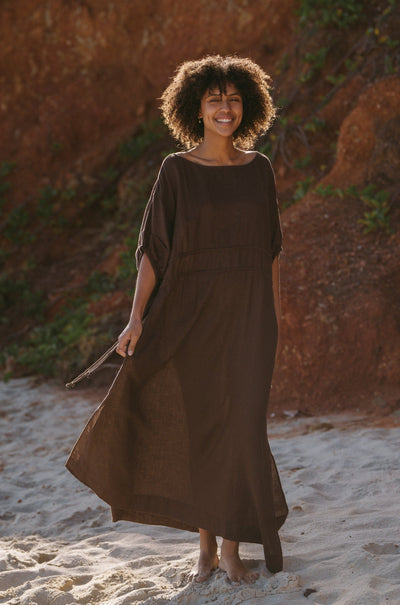 Lilly Pilly Collection Valerie dress made from 100% Organic linen in Chocolate