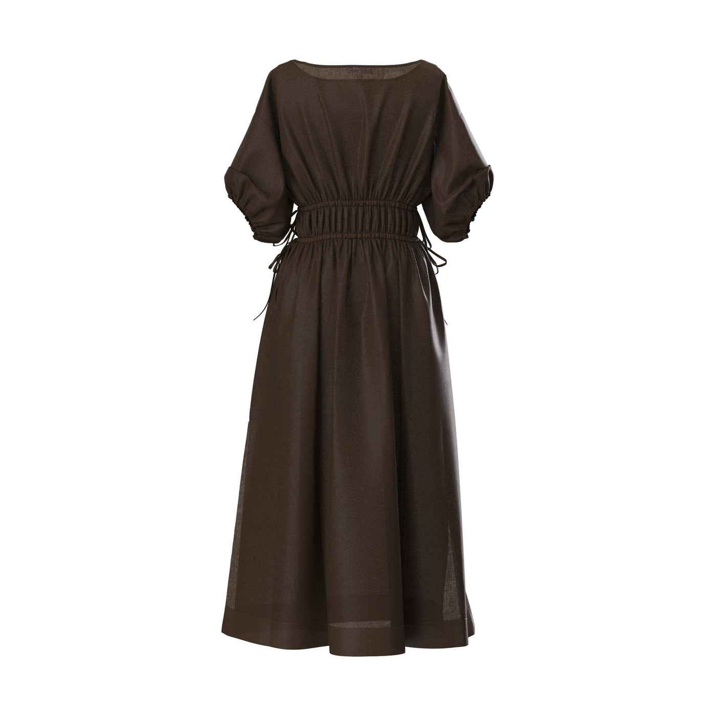 Lilly Pilly Collection Valerie dress made from 100% Organic linen in Chocolate, as 3D model showing back view