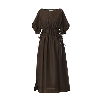 Lilly Pilly Collection Valerie dress made from 100% Organic linen in Chocolate, as 3D model showing front view