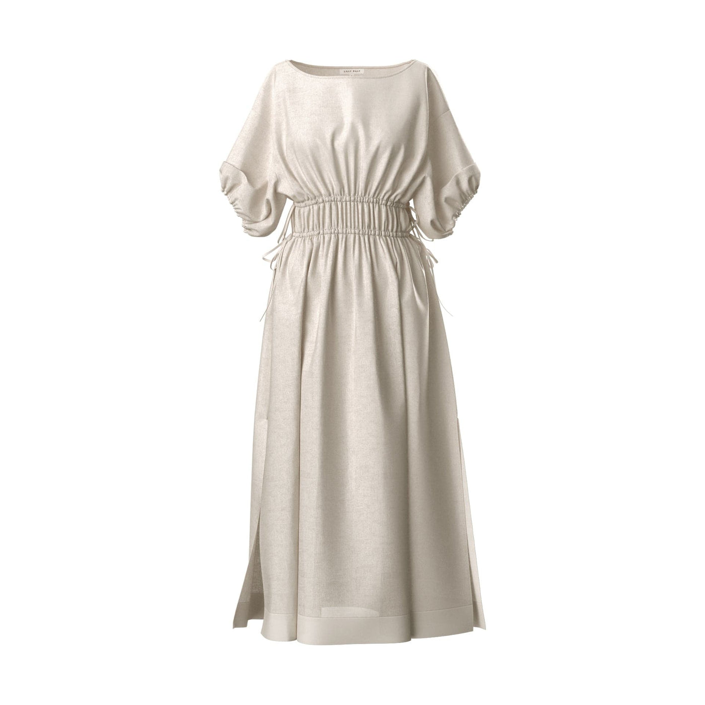 Lilly Pilly Collection Valerie dress made from 100% Organic linen in Ivory, as 3D model showing front view