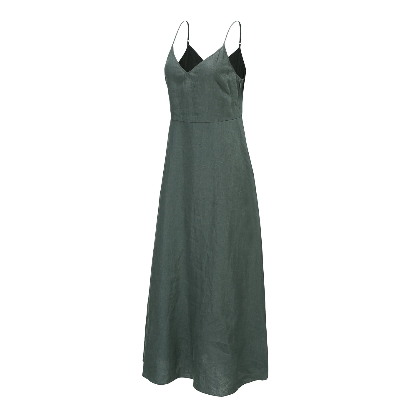 Lilly Pilly Collection 100% organic linen Zoe Dress in Bottle Green as 3D image showing side view