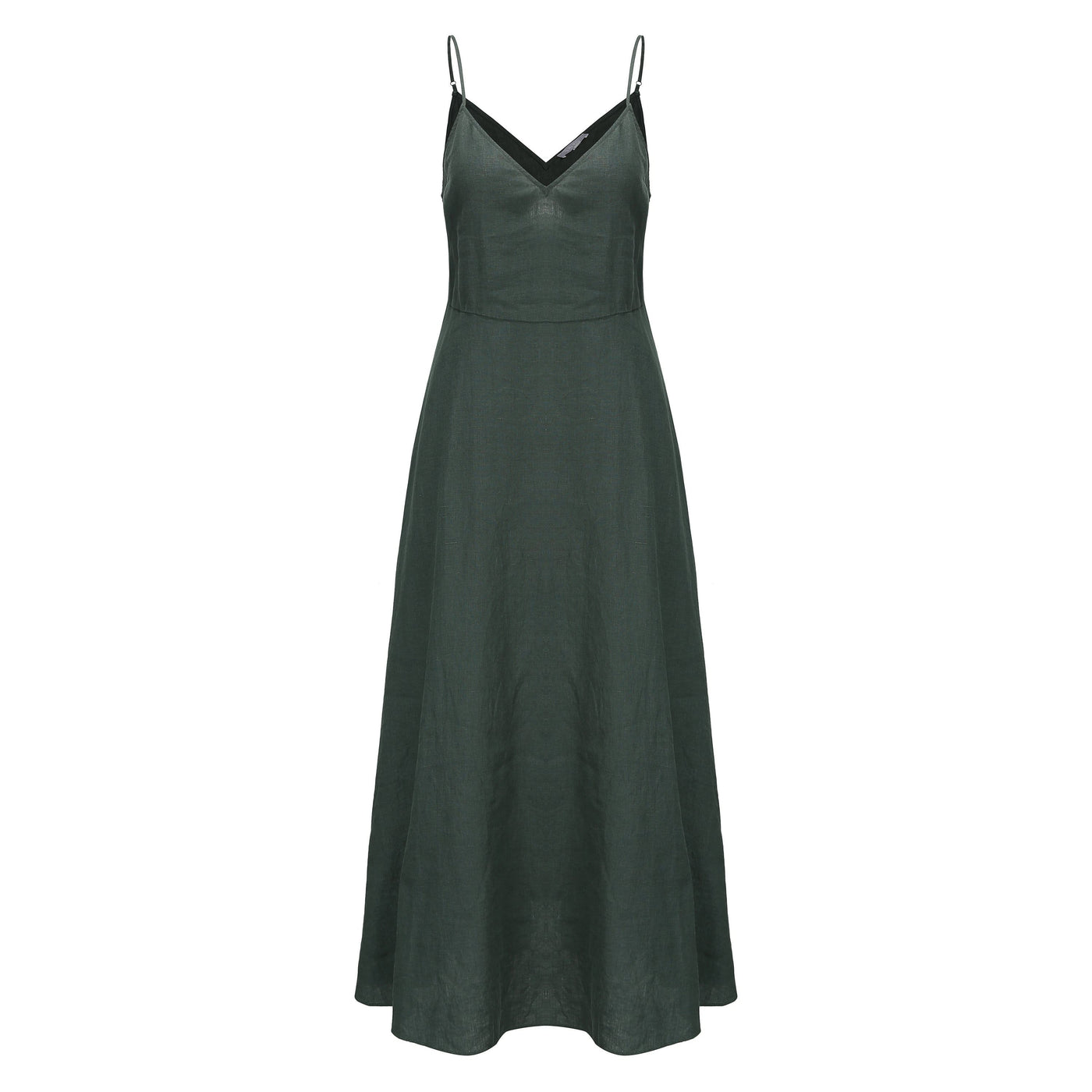 Lilly Pilly Collection 100% organic linen Zoe Dress in Bottle Green as 3D image showing front view