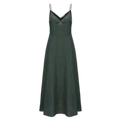Lilly Pilly Collection 100% organic linen Zoe Dress in Bottle Green as 3D image showing front view