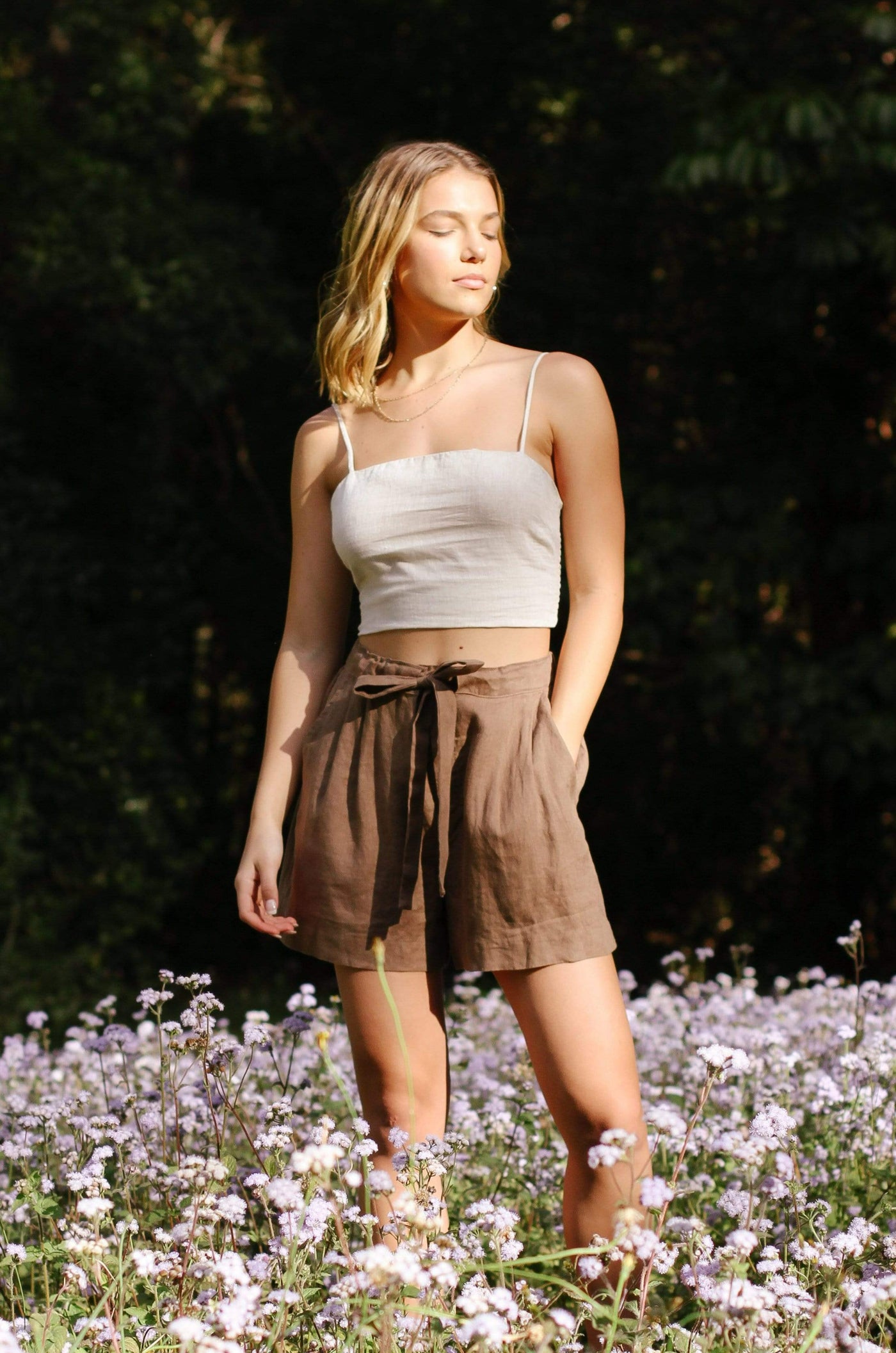 Lilly Pilly Collection 100% organic linen shorts in Dark Earth